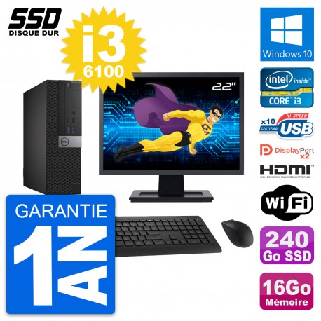 PC Dell 7040 SFF Ecran 22" Core i3-6100 RAM 16Go SSD 240Go HDMI Windows 10 Wifi