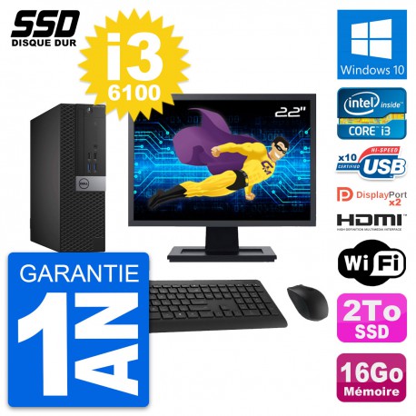 PC Dell 7040 SFF Ecran 22" Intel i3-6100 RAM 16Go SSD 2To HDMI Windows 10 Wifi