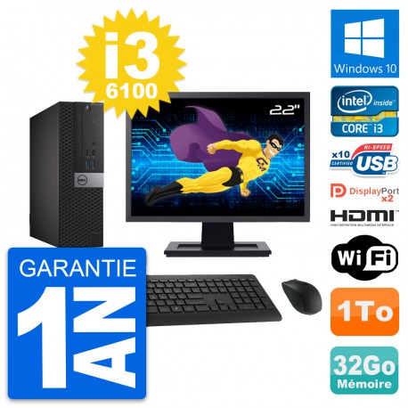 PC Dell 7040 SFF Ecran 22" i3-6100 RAM 32Go Disque 1To HDMI Windows 10 Wifi