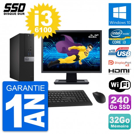 PC Dell 7040 SFF Ecran 22" Core i3-6100 RAM 32Go SSD 240Go HDMI Windows 10 Wifi