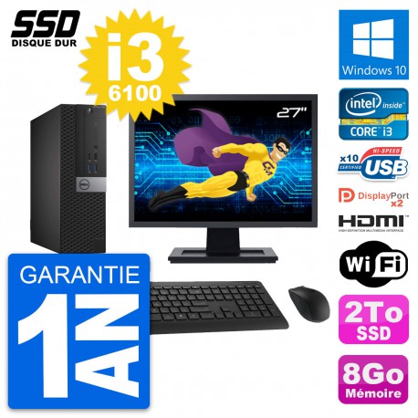 PC Dell 7040 SFF Ecran 27" Intel i3-6100 RAM 8Go SSD 2To HDMI Windows 10 Wifi