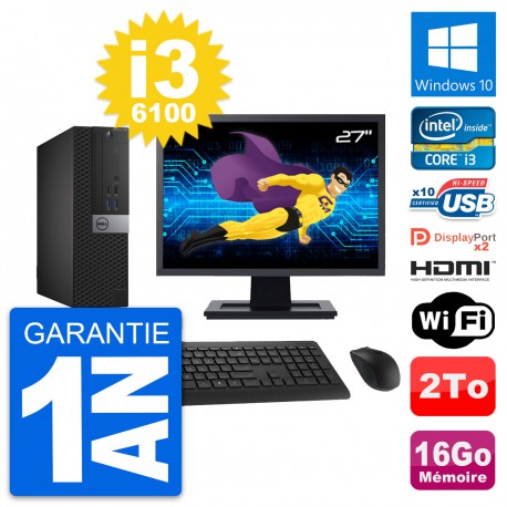 PC Dell 7040 SFF Ecran 27" i3-6100 RAM 16Go Disque 2To HDMI Windows 10 Wifi
