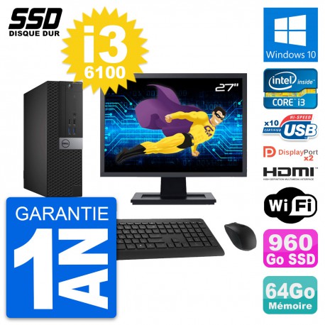 PC Dell 7040 SFF Ecran 27" Core i3-6100 RAM 64Go SSD 960Go HDMI Windows 10 Wifi