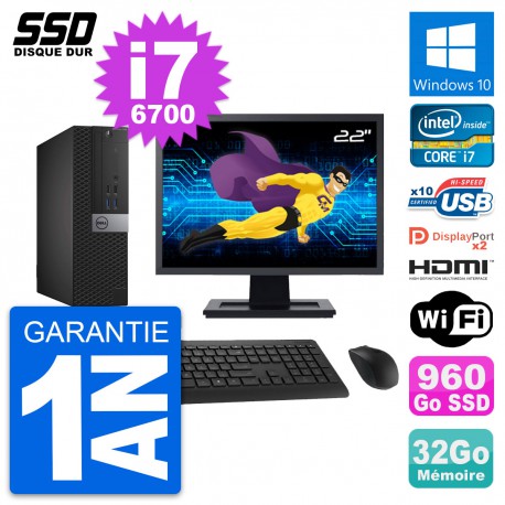 PC Dell 7040 SFF Ecran 22" Core i7-6700 RAM 32Go SSD 960Go HDMI Windows 10 Wifi