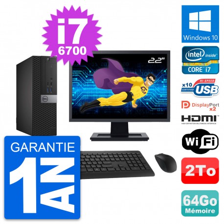 PC Dell 7040 SFF Ecran 22" i7-6700 RAM 64Go Disque 2To HDMI Windows 10 Wifi