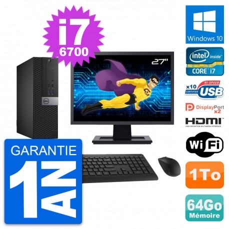 PC Dell 7040 SFF Ecran 27" i7-6700 RAM 64Go Disque 1To HDMI Windows 10 Wifi