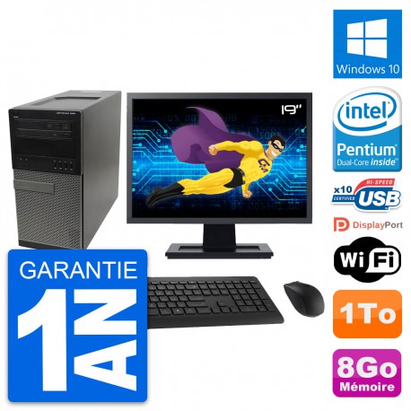 PC Tour Dell 990 Ecran 19" Intel G630 RAM 8Go Disque Dur 1To Windows 10 Wifi
