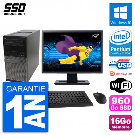 PC Tour Dell 990 Ecran 19" Intel G630 RAM 16Go SSD 960Go Windows 10 Wifi