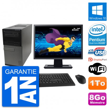 PC Tour Dell 990 Ecran 22" Intel G630 RAM 8Go Disque Dur 1To Windows 10 Wifi
