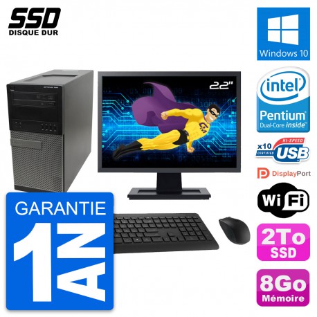 PC Tour Dell OptiPlex 990 Ecran 22" Intel G630 RAM 8Go SSD 2To Windows 10 Wifi