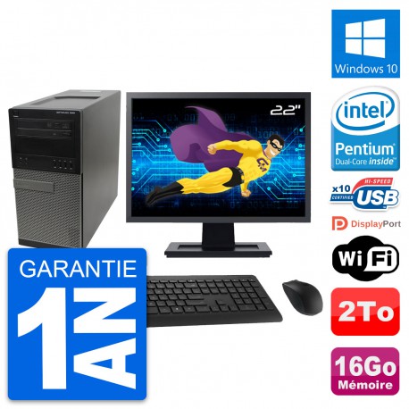 PC Tour Dell 990 Ecran 22" Intel G630 RAM 16Go Disque Dur 2To Windows 10 Wifi