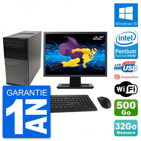 PC Tour Dell 990 Ecran 22" Intel G630 RAM 32Go Disque Dur 500Go Windows 10 Wifi