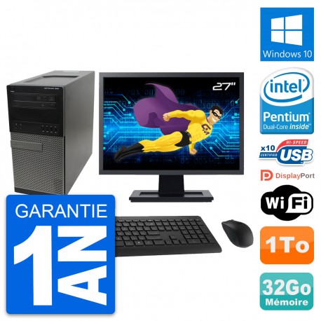 PC Tour Dell 990 Ecran 27" Intel G630 RAM 32Go Disque Dur 1To Windows 10 Wifi