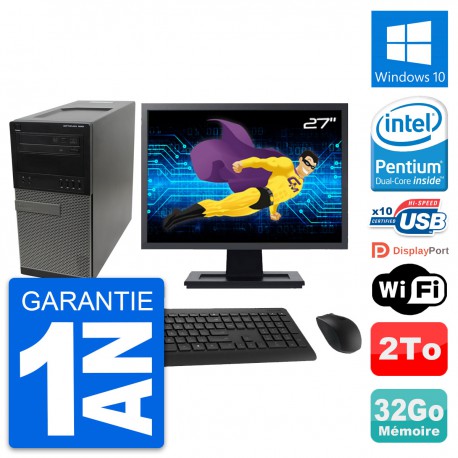 PC Tour Dell 990 Ecran 27" Intel G630 RAM 32Go Disque Dur 2To Windows 10 Wifi