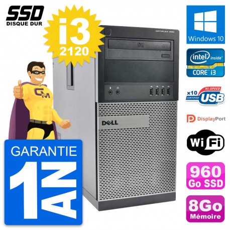 PC Tour Dell OptiPlex 990 Intel Core i3-2120 RAM 8Go SSD 960Go Windows 10 Wifi