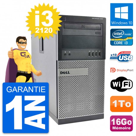 PC Tour Dell OptiPlex 990 Intel i3-2120 RAM 16Go Disque Dur 1To Windows 10 Wifi