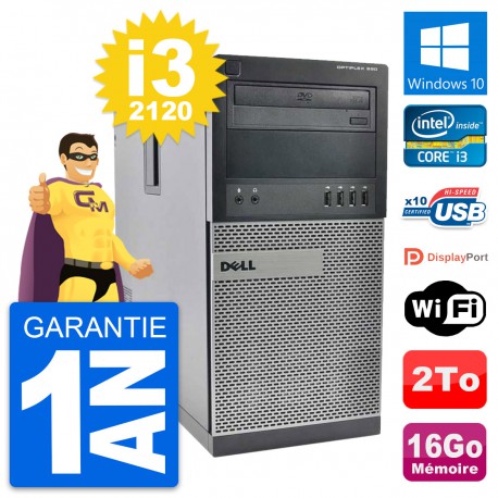 PC Tour Dell OptiPlex 990 Intel i3-2120 RAM 16Go Disque Dur 2To Windows 10 Wifi