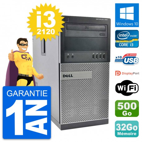 PC Tour Dell OptiPlex 990 Intel i3-2120 RAM 32Go Disque 500Go Windows 10 Wifi