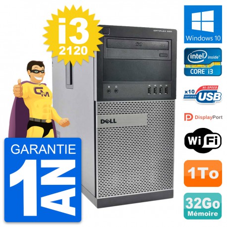 PC Tour Dell OptiPlex 990 Intel i3-2120 RAM 32Go Disque Dur 1To Windows 10 Wifi