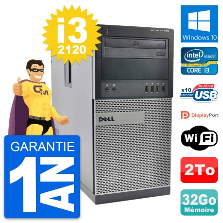 PC Tour Dell OptiPlex 990 Intel i3-2120 RAM 32Go Disque Dur 2To Windows 10 Wifi