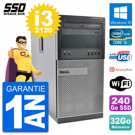 PC Tour Dell OptiPlex 990 Intel Core i3-2120 RAM 32Go SSD 240Go Windows 10 Wifi