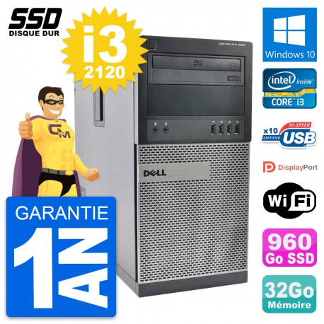 PC Tour Dell OptiPlex 990 Intel Core i3-2120 RAM 32Go SSD 960Go Windows 10 Wifi