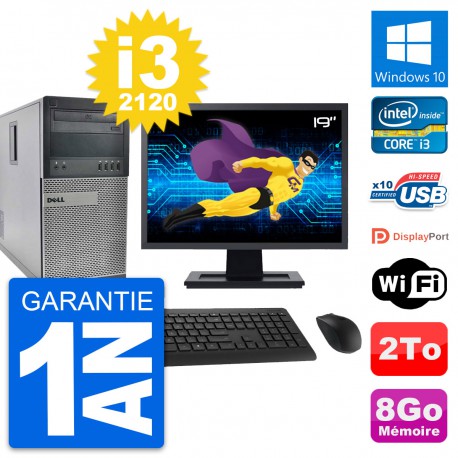 PC Tour Dell 990 Ecran 19" Intel i3-2120 RAM 8Go Disque Dur 2To Windows 10 Wifi