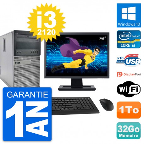 PC Tour Dell 990 Ecran 19" Intel i3-2120 RAM 32Go Disque Dur 1To Windows 10 Wifi