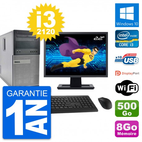 PC Tour Dell 990 Ecran 22" Intel i3-2120 RAM 8Go Disque 500Go Windows 10 Wifi