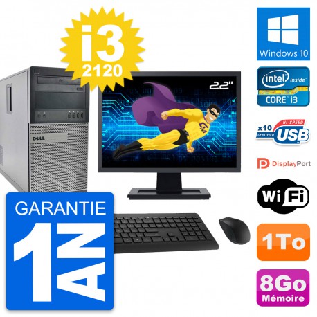 PC Tour Dell 990 Ecran 22" Intel i3-2120 RAM 8Go Disque Dur 1To Windows 10 Wifi