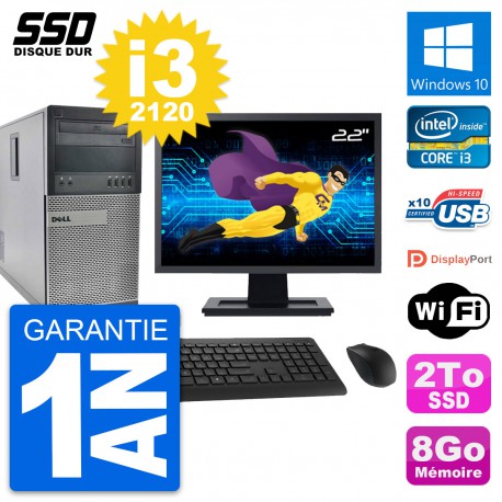 PC Tour Dell OptiPlex 990 Ecran 22" Core i3-2120 RAM 8Go SSD 2To Windows 10 Wifi