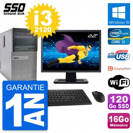 PC Tour Dell 990 Ecran 22" Intel Core i3-2120 RAM 16Go SSD 120Go Windows 10 Wifi