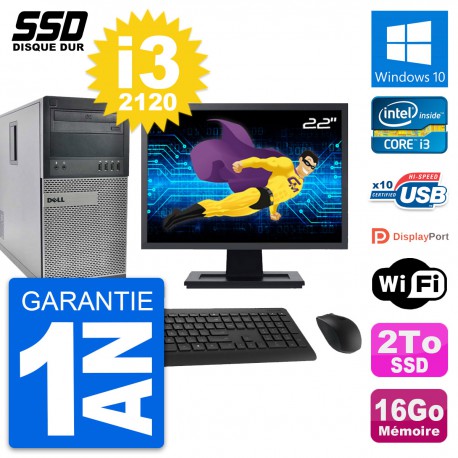 PC Tour Dell 990 Ecran 22" Intel Core i3-2120 RAM 16Go SSD 2To Windows 10 Wifi