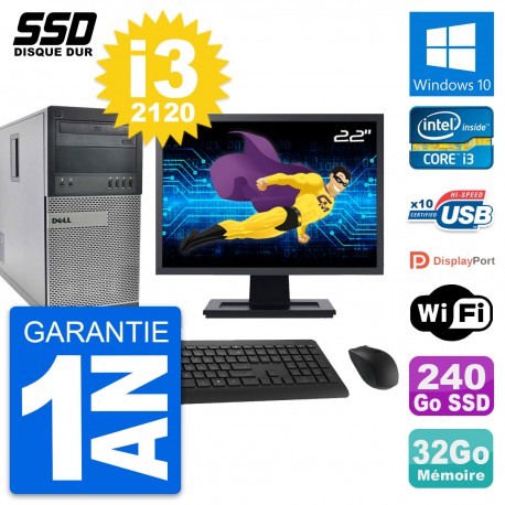 PC Tour Dell 990 Ecran 22" Intel Core i3-2120 RAM 32Go SSD 240Go Windows 10 Wifi