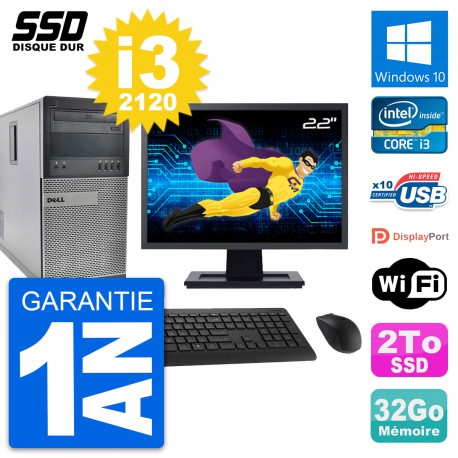 PC Tour Dell 990 Ecran 22" Intel Core i3-2120 RAM 32Go SSD 2To Windows 10 Wifi