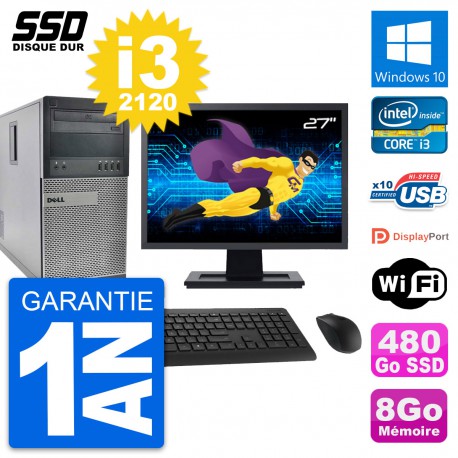 PC Tour Dell OptiPlex 990 Ecran 27" i3-2120 RAM 8Go SSD 480Go Windows 10 Wifi