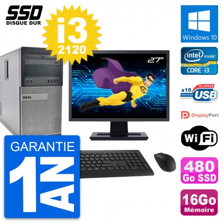PC Tour Dell 990 Ecran 27" Intel Core i3-2120 RAM 16Go SSD 480Go Windows 10 Wifi