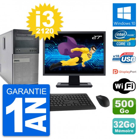 PC Tour Dell 990 Ecran 27" Intel i3-2120 RAM 32Go Disque 500Go Windows 10 Wifi