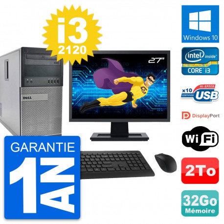 PC Tour Dell 990 Ecran 27" Intel i3-2120 RAM 32Go Disque Dur 2To Windows 10 Wifi