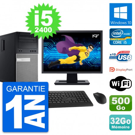 PC Tour Dell 990 Ecran 19" Intel i5-2400 RAM 32Go Disque 500Go Windows 10 Wifi