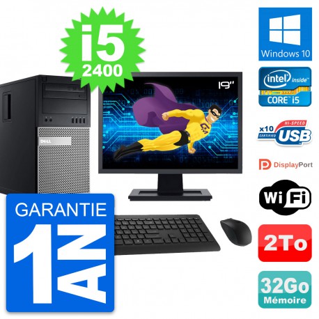 PC Tour Dell 990 Ecran 19" Intel i5-2400 RAM 32Go Disque Dur 2To Windows 10 Wifi