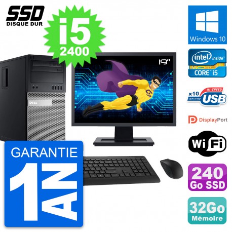 PC Tour Dell 990 Ecran 19" Intel Core i5-2400 RAM 32Go SSD 240Go Windows 10 Wifi