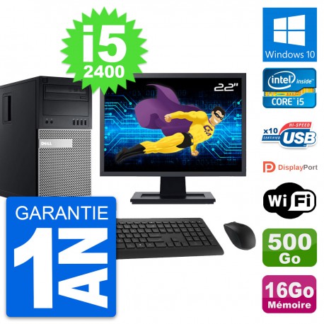 PC Tour Dell 990 Ecran 22" Intel i5-2400 RAM 16Go Disque 500Go Windows 10 Wifi