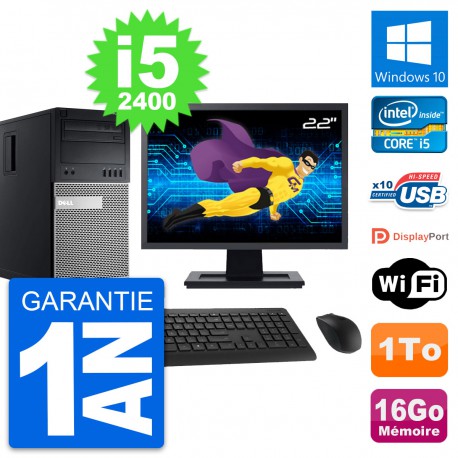 PC Tour Dell 990 Ecran 22" Intel i5-2400 RAM 16Go Disque Dur 1To Windows 10 Wifi