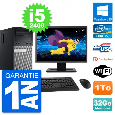 PC Tour Dell 990 Ecran 22" Intel i5-2400 RAM 32Go Disque Dur 1To Windows 10 Wifi