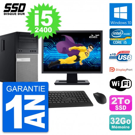 PC Tour Dell 990 Ecran 22" Intel Core i5-2400 RAM 32Go SSD 2To Windows 10 Wifi