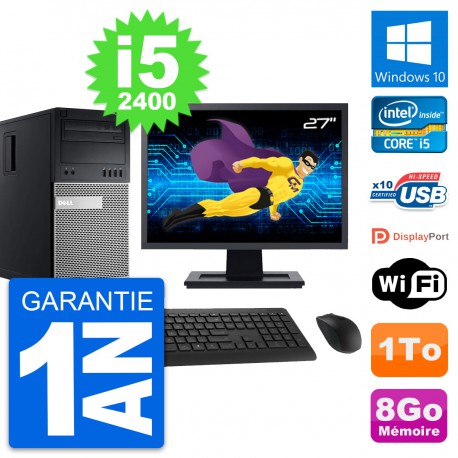 PC Tour Dell 990 Ecran 27" Intel Core i5-2400 RAM 8Go Disque 1To Windows 10 Wifi