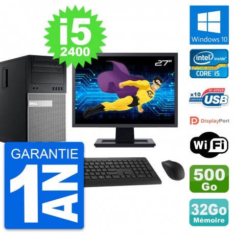 PC Tour Dell 990 Ecran 27" Intel i5-2400 RAM 32Go Disque 500Go Windows 10 Wifi