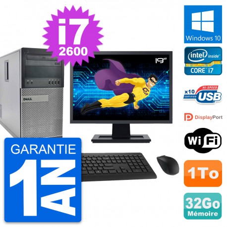 PC Tour Dell 990 Ecran 19" Intel i7-2600 RAM 32Go Disque Dur 1To Windows 10 Wifi