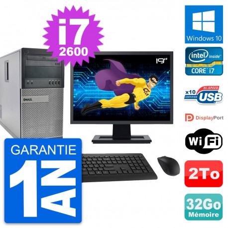PC Tour Dell 990 Ecran 19" Intel i7-2600 RAM 32Go Disque Dur 2To Windows 10 Wifi